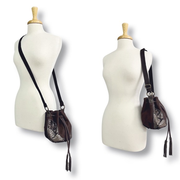 American Eagle Brown Canvas Bucket Drawstring Crossbody Bag with Suede Leather - Picture 2 of 11